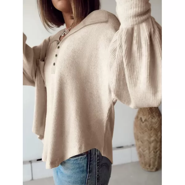 imageBTFBM Womens Casual V Neck Ribbed Knitted Shirts Pullover Tunic Tops Loose Balloon Sleeve Solid Color Blouses TopTurndown Apricot