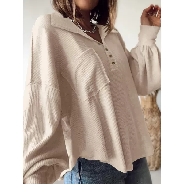 imageBTFBM Womens Casual V Neck Ribbed Knitted Shirts Pullover Tunic Tops Loose Balloon Sleeve Solid Color Blouses TopTurndown Apricot