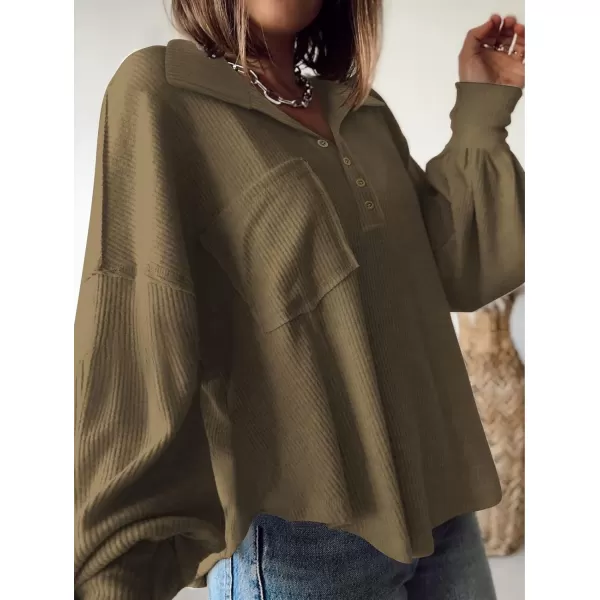 imageBTFBM Womens Casual V Neck Ribbed Knitted Shirts Pullover Tunic Tops Loose Balloon Sleeve Solid Color Blouses TopTurndown Army Green