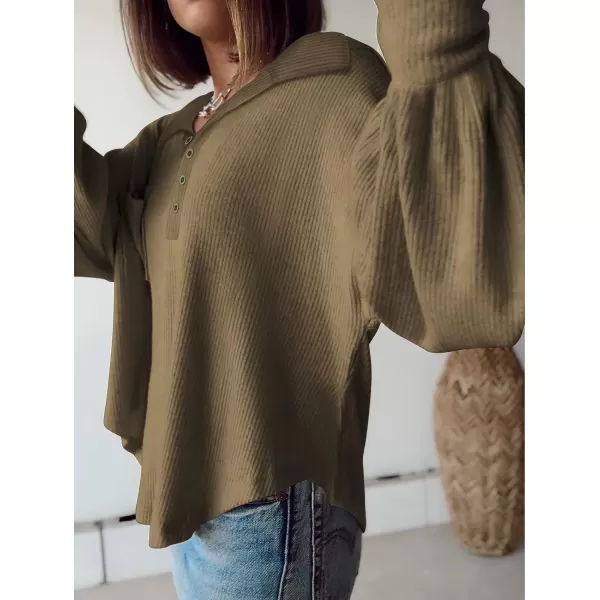imageBTFBM Womens Casual V Neck Ribbed Knitted Shirts Pullover Tunic Tops Loose Balloon Sleeve Solid Color Blouses TopTurndown Army Green