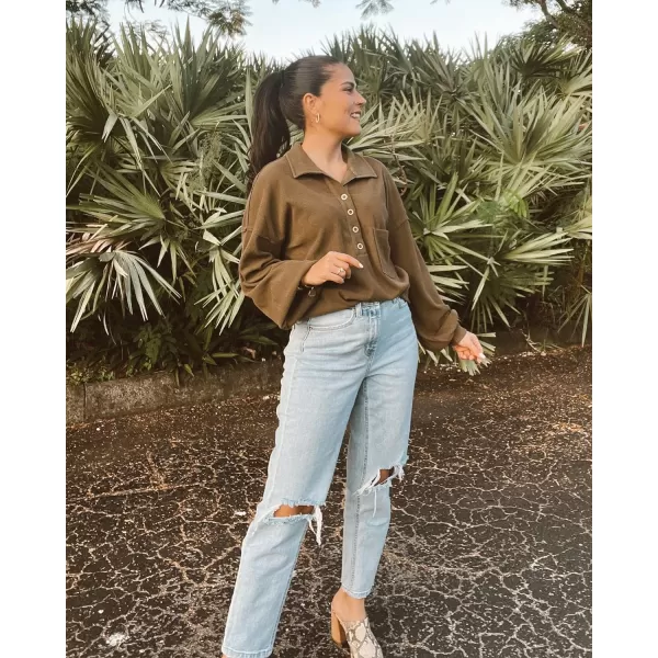 imageBTFBM Womens Casual V Neck Ribbed Knitted Shirts Pullover Tunic Tops Loose Balloon Sleeve Solid Color Blouses TopTurndown Army Green
