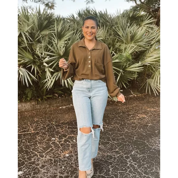 imageBTFBM Womens Casual V Neck Ribbed Knitted Shirts Pullover Tunic Tops Loose Balloon Sleeve Solid Color Blouses TopTurndown Army Green