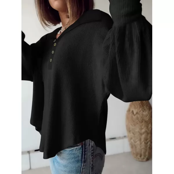 imageBTFBM Womens Casual V Neck Ribbed Knitted Shirts Pullover Tunic Tops Loose Balloon Sleeve Solid Color Blouses TopTurndown Black