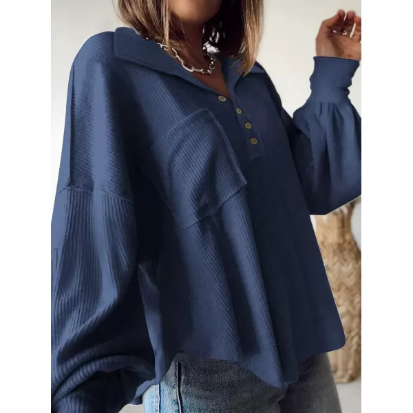 imageBTFBM Womens Casual V Neck Ribbed Knitted Shirts Pullover Tunic Tops Loose Balloon Sleeve Solid Color Blouses TopTurndown Blue