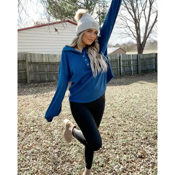 imageBTFBM Womens Casual V Neck Ribbed Knitted Shirts Pullover Tunic Tops Loose Balloon Sleeve Solid Color Blouses TopTurndown Blue