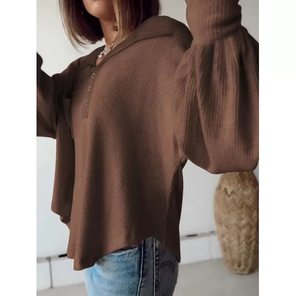 imageBTFBM Womens Casual V Neck Ribbed Knitted Shirts Pullover Tunic Tops Loose Balloon Sleeve Solid Color Blouses TopTurndown Caramel
