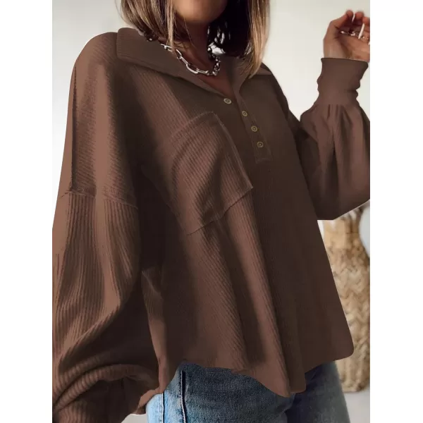 imageBTFBM Womens Casual V Neck Ribbed Knitted Shirts Pullover Tunic Tops Loose Balloon Sleeve Solid Color Blouses TopTurndown Caramel