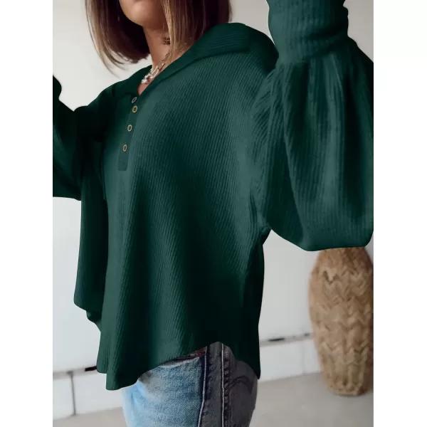 imageBTFBM Womens Casual V Neck Ribbed Knitted Shirts Pullover Tunic Tops Loose Balloon Sleeve Solid Color Blouses TopTurndown Dark Green