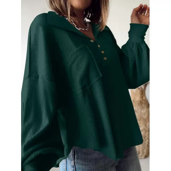 imageBTFBM Womens Casual V Neck Ribbed Knitted Shirts Pullover Tunic Tops Loose Balloon Sleeve Solid Color Blouses TopTurndown Dark Green