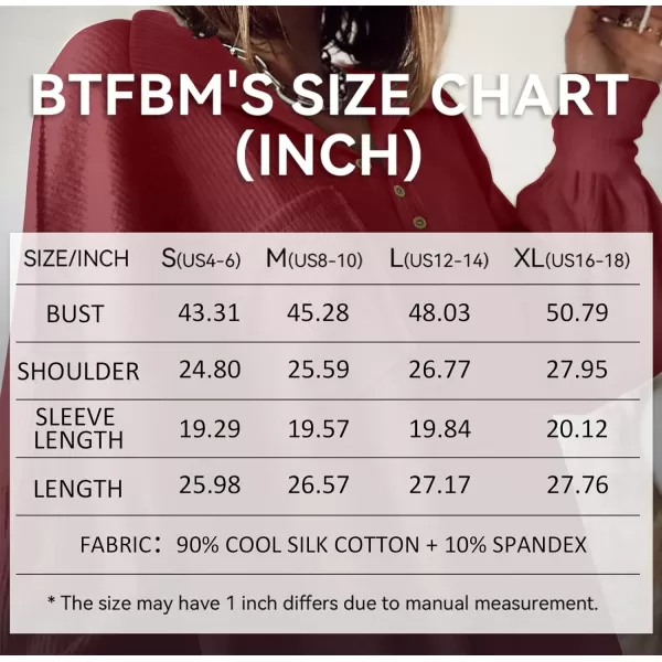 imageBTFBM Womens Casual V Neck Ribbed Knitted Shirts Pullover Tunic Tops Loose Balloon Sleeve Solid Color Blouses TopTurndown Wine Red