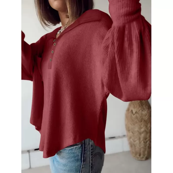 imageBTFBM Womens Casual V Neck Ribbed Knitted Shirts Pullover Tunic Tops Loose Balloon Sleeve Solid Color Blouses TopTurndown Wine Red