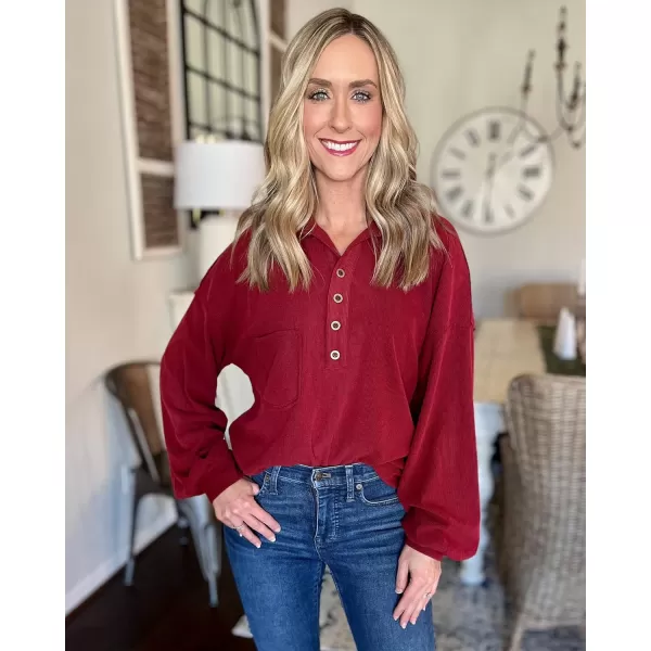 imageBTFBM Womens Casual V Neck Ribbed Knitted Shirts Pullover Tunic Tops Loose Balloon Sleeve Solid Color Blouses TopTurndown Wine Red