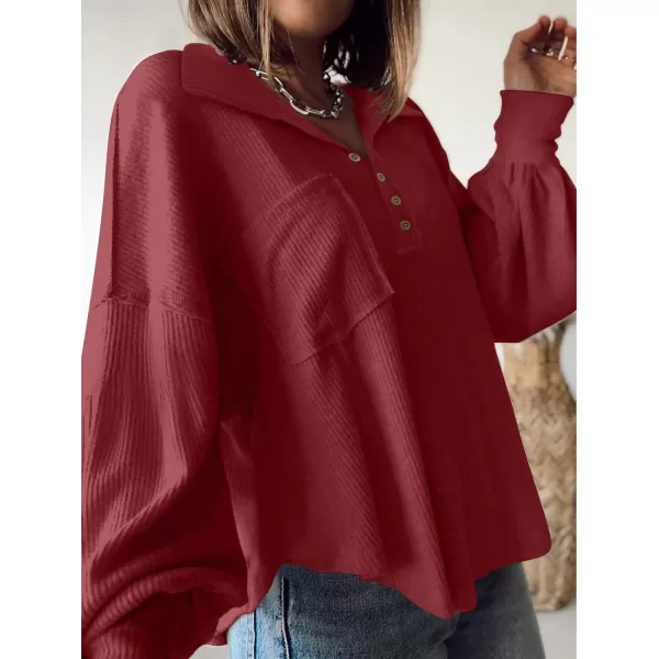 imageBTFBM Womens Casual V Neck Ribbed Knitted Shirts Pullover Tunic Tops Loose Balloon Sleeve Solid Color Blouses TopTurndown Wine Red