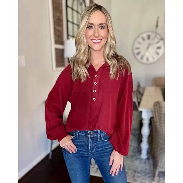 imageBTFBM Womens Casual V Neck Ribbed Knitted Shirts Pullover Tunic Tops Loose Balloon Sleeve Solid Color Blouses TopTurndown Wine Red