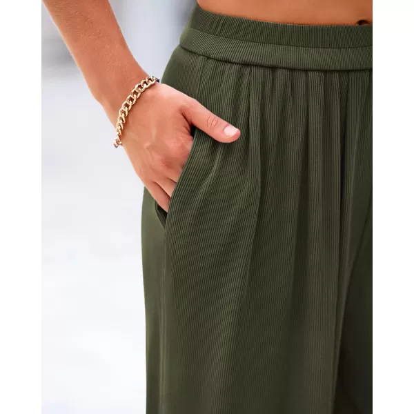 imageBTFBM Womens Casual Wide Leg Pants Spring Summer Clothes Pleated Elastic Waist Loose Palazzo Knit Trousers with PocketsSolid Army Green