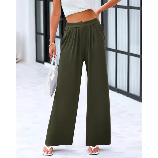 imageBTFBM Womens Casual Wide Leg Pants Spring Summer Clothes Pleated Elastic Waist Loose Palazzo Knit Trousers with PocketsSolid Army Green