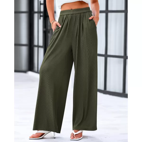 imageBTFBM Womens Casual Wide Leg Pants Spring Summer Clothes Pleated Elastic Waist Loose Palazzo Knit Trousers with PocketsSolid Army Green