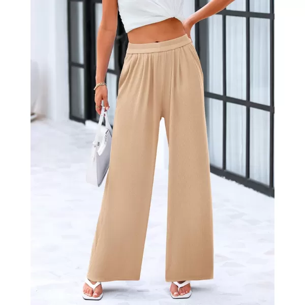 imageBTFBM Womens Casual Wide Leg Pants Spring Summer Clothes Pleated Elastic Waist Loose Palazzo Knit Trousers with PocketsSolid Beige
