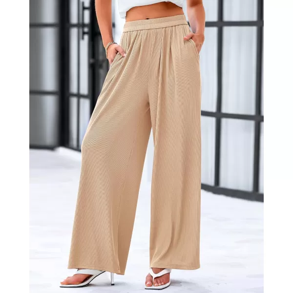 imageBTFBM Womens Casual Wide Leg Pants Spring Summer Clothes Pleated Elastic Waist Loose Palazzo Knit Trousers with PocketsSolid Beige