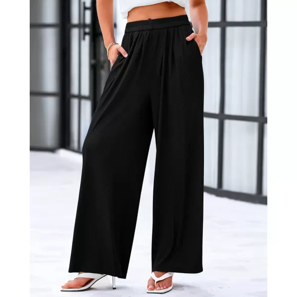 imageBTFBM Womens Casual Wide Leg Pants Spring Summer Clothes Pleated Elastic Waist Loose Palazzo Knit Trousers with PocketsSolid Black