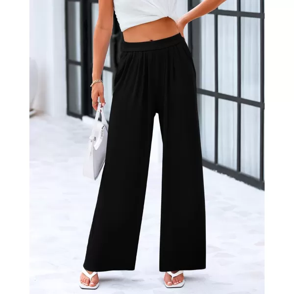 imageBTFBM Womens Casual Wide Leg Pants Spring Summer Clothes Pleated Elastic Waist Loose Palazzo Knit Trousers with PocketsSolid Black