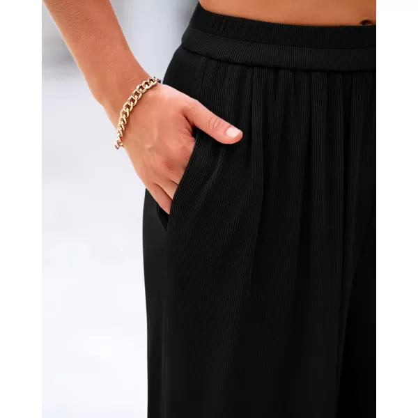 imageBTFBM Womens Casual Wide Leg Pants Spring Summer Clothes Pleated Elastic Waist Loose Palazzo Knit Trousers with PocketsSolid Black
