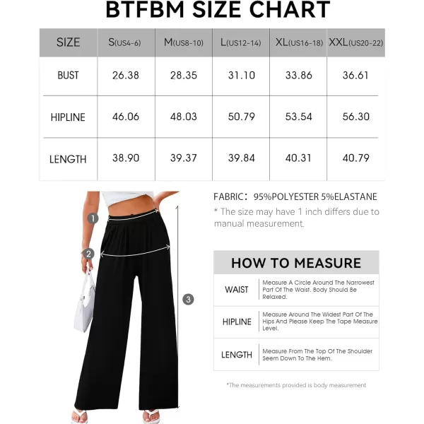 imageBTFBM Womens Casual Wide Leg Pants Spring Summer Clothes Pleated Elastic Waist Loose Palazzo Knit Trousers with PocketsSolid Black