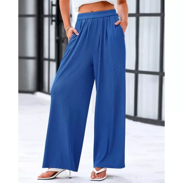 imageBTFBM Womens Casual Wide Leg Pants Spring Summer Clothes Pleated Elastic Waist Loose Palazzo Knit Trousers with PocketsSolid Blue