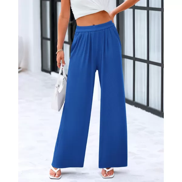 imageBTFBM Womens Casual Wide Leg Pants Spring Summer Clothes Pleated Elastic Waist Loose Palazzo Knit Trousers with PocketsSolid Blue