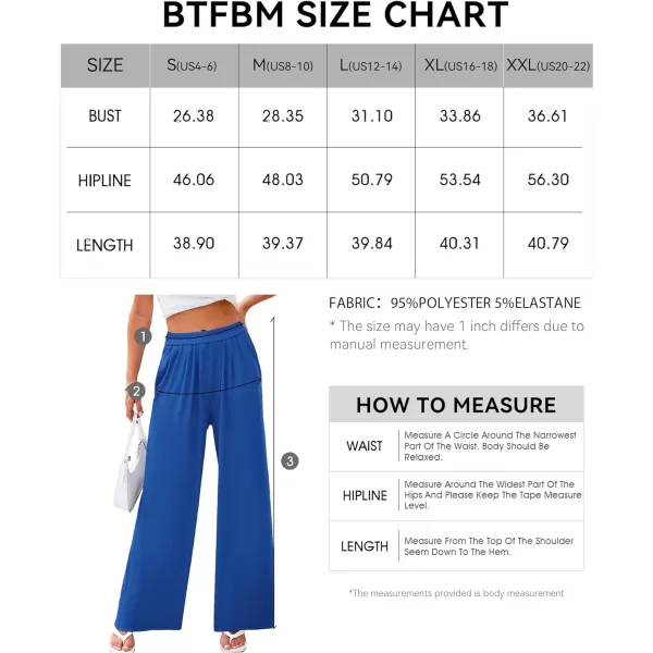 imageBTFBM Womens Casual Wide Leg Pants Spring Summer Clothes Pleated Elastic Waist Loose Palazzo Knit Trousers with PocketsSolid Blue
