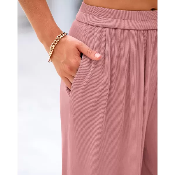 imageBTFBM Womens Casual Wide Leg Pants Spring Summer Clothes Pleated Elastic Waist Loose Palazzo Knit Trousers with PocketsSolid Dusty Pink