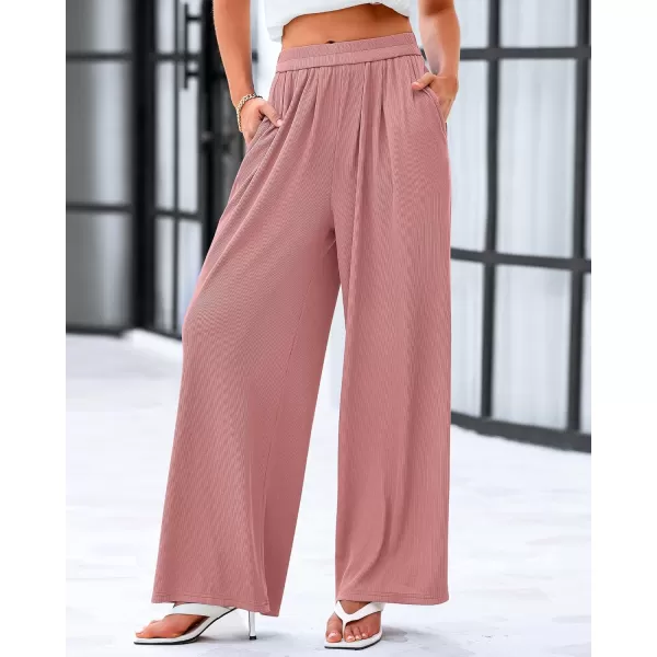 imageBTFBM Womens Casual Wide Leg Pants Spring Summer Clothes Pleated Elastic Waist Loose Palazzo Knit Trousers with PocketsSolid Dusty Pink