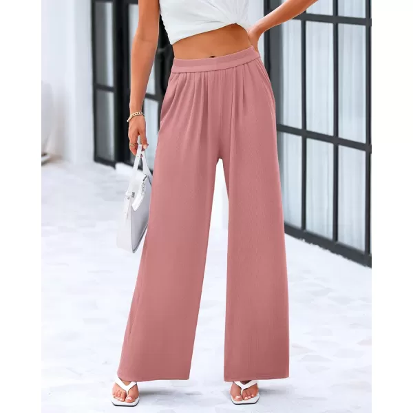 imageBTFBM Womens Casual Wide Leg Pants Spring Summer Clothes Pleated Elastic Waist Loose Palazzo Knit Trousers with PocketsSolid Dusty Pink