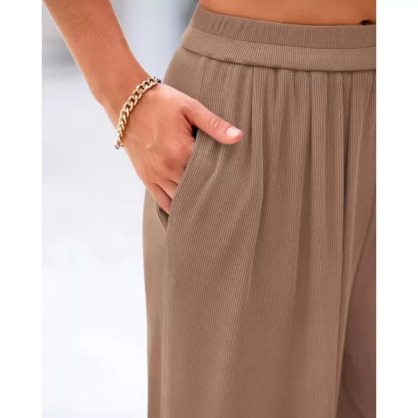 imageBTFBM Womens Casual Wide Leg Pants Spring Summer Clothes Pleated Elastic Waist Loose Palazzo Knit Trousers with PocketsSolid Khaki