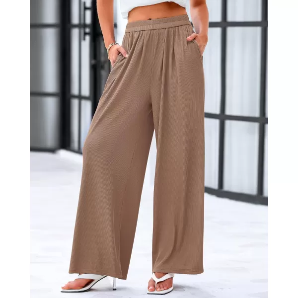 imageBTFBM Womens Casual Wide Leg Pants Spring Summer Clothes Pleated Elastic Waist Loose Palazzo Knit Trousers with PocketsSolid Khaki