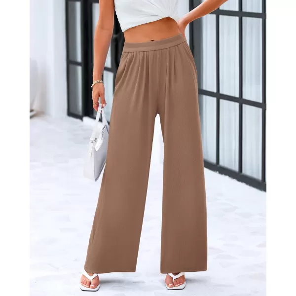 imageBTFBM Womens Casual Wide Leg Pants Spring Summer Clothes Pleated Elastic Waist Loose Palazzo Knit Trousers with PocketsSolid Khaki