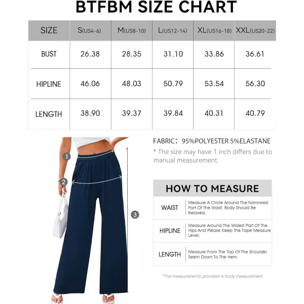 imageBTFBM Womens Casual Wide Leg Pants Spring Summer Clothes Pleated Elastic Waist Loose Palazzo Knit Trousers with PocketsSolid Navy