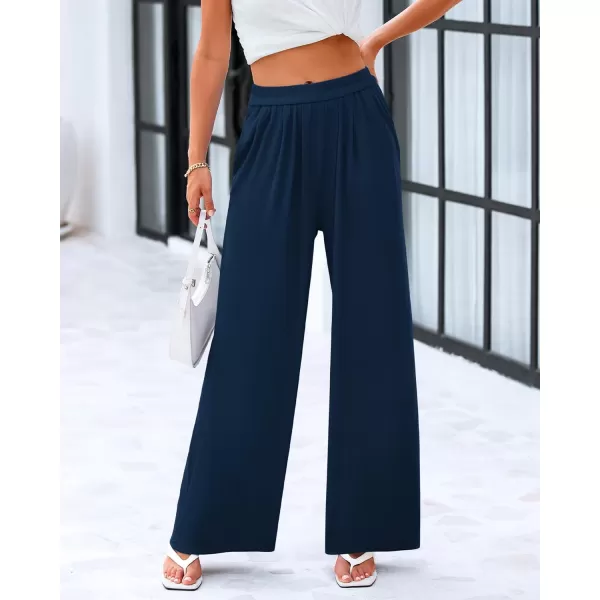 imageBTFBM Womens Casual Wide Leg Pants Spring Summer Clothes Pleated Elastic Waist Loose Palazzo Knit Trousers with PocketsSolid Navy