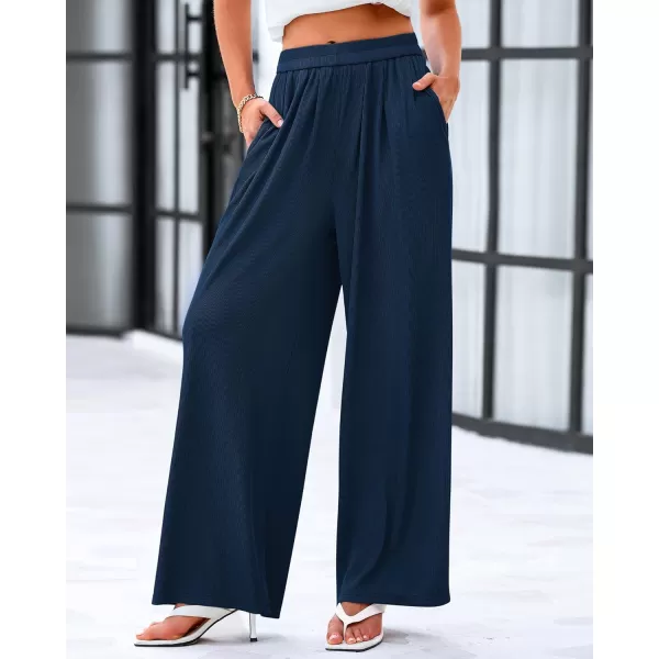 imageBTFBM Womens Casual Wide Leg Pants Spring Summer Clothes Pleated Elastic Waist Loose Palazzo Knit Trousers with PocketsSolid Navy