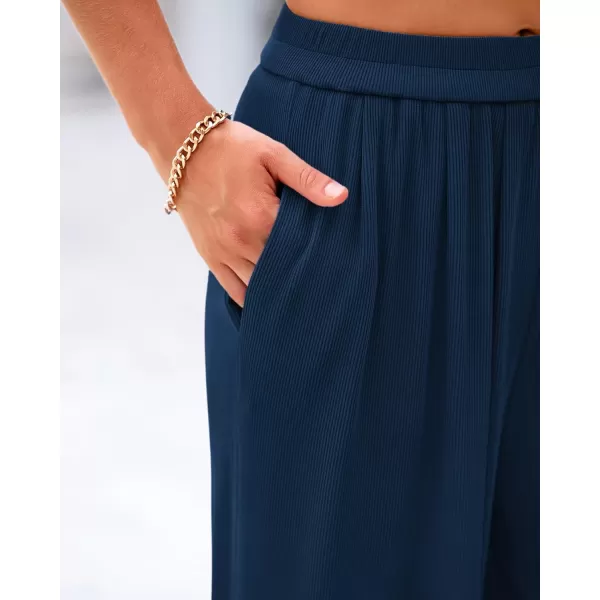 imageBTFBM Womens Casual Wide Leg Pants Spring Summer Clothes Pleated Elastic Waist Loose Palazzo Knit Trousers with PocketsSolid Navy