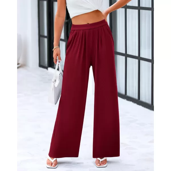 imageBTFBM Womens Casual Wide Leg Pants Spring Summer Clothes Pleated Elastic Waist Loose Palazzo Knit Trousers with PocketsSolid Wine Red