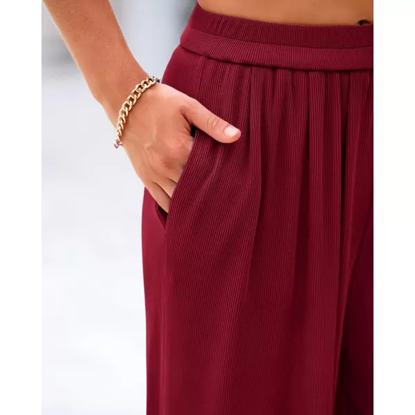 imageBTFBM Womens Casual Wide Leg Pants Spring Summer Clothes Pleated Elastic Waist Loose Palazzo Knit Trousers with PocketsSolid Wine Red