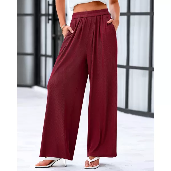 imageBTFBM Womens Casual Wide Leg Pants Spring Summer Clothes Pleated Elastic Waist Loose Palazzo Knit Trousers with PocketsSolid Wine Red