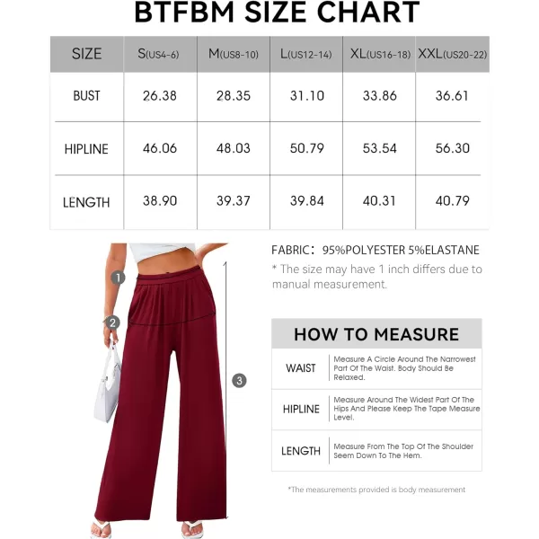 imageBTFBM Womens Casual Wide Leg Pants Spring Summer Clothes Pleated Elastic Waist Loose Palazzo Knit Trousers with PocketsSolid Wine Red