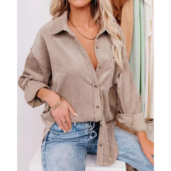 imageBTFBM Womens Corduroy Button Down Shirt Jackets Casual Rolled Long Sleeve Shacket Oversized Blouses Tops with PocketSolid Apricot