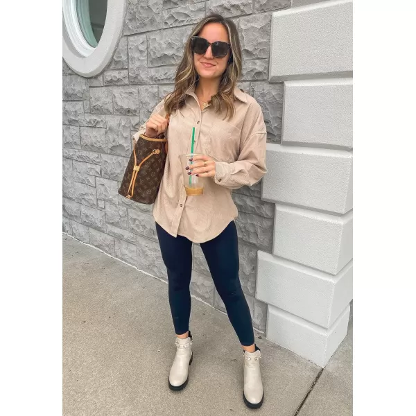imageBTFBM Womens Corduroy Button Down Shirt Jackets Casual Rolled Long Sleeve Shacket Oversized Blouses Tops with PocketSolid Apricot