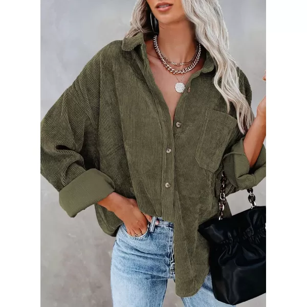 imageBTFBM Womens Corduroy Button Down Shirt Jackets Casual Rolled Long Sleeve Shacket Oversized Blouses Tops with PocketSolid Army Green