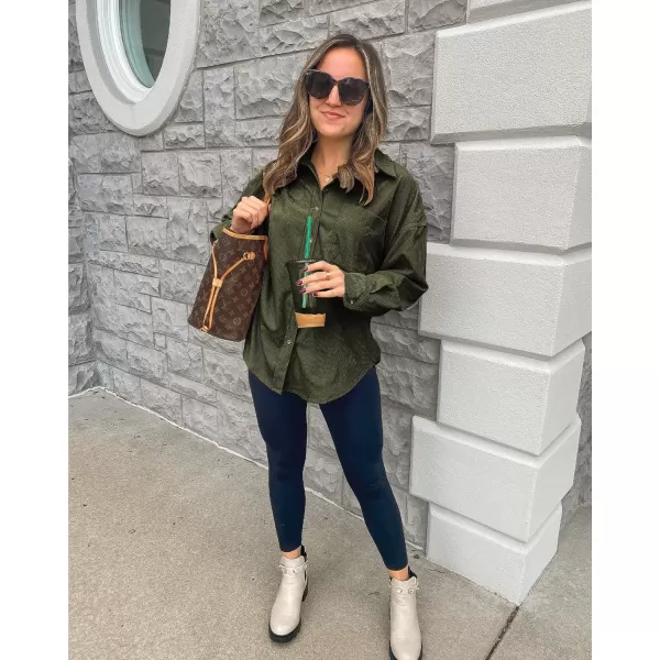 imageBTFBM Womens Corduroy Button Down Shirt Jackets Casual Rolled Long Sleeve Shacket Oversized Blouses Tops with PocketSolid Army Green
