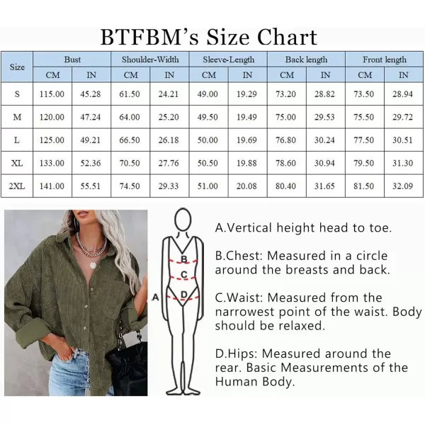 imageBTFBM Womens Corduroy Button Down Shirt Jackets Casual Rolled Long Sleeve Shacket Oversized Blouses Tops with PocketSolid Army Green
