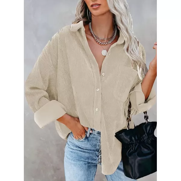 imageBTFBM Womens Corduroy Button Down Shirt Jackets Casual Rolled Long Sleeve Shacket Oversized Blouses Tops with PocketSolid Begie